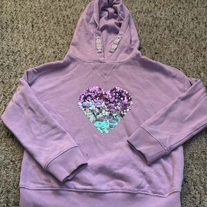 Purple, long sleeve hoodie with purple sequence, heart 7yrs